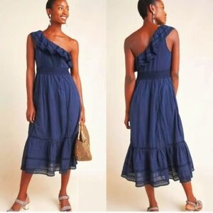 VELVET by Graham & Spencer Coco One-Shoulder Lace Midi Dress Navy. Size M